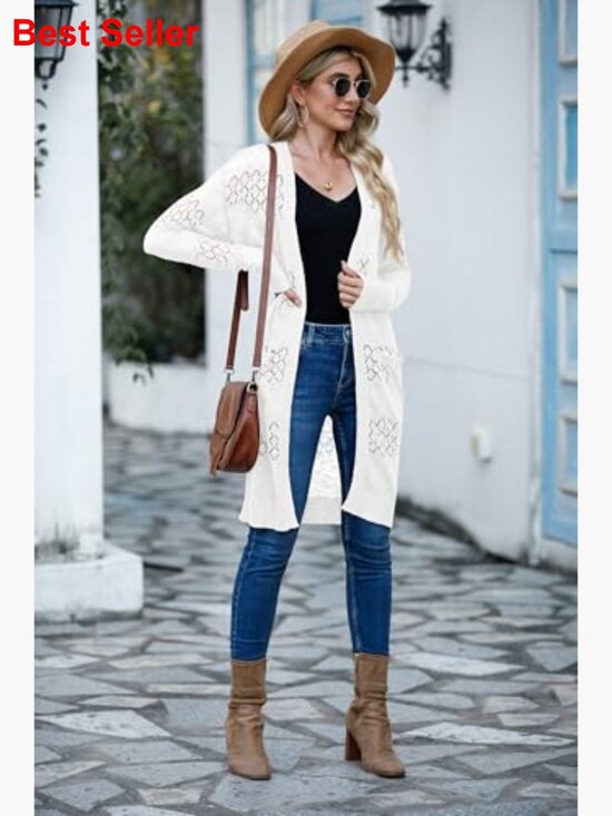 Lightweight Crochet Open-Front Cardigan Sweater with Pockets - Picture 3 of 7